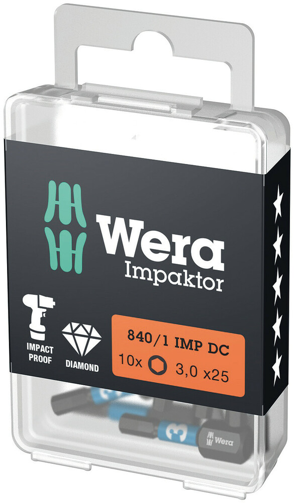 Bity Impaktor 840/1 IMP DC Hex-Plus DIY do wkrętów z gniazdem sześciokątnym, 3 x 25 mm, 10 części 05057603001 WERA