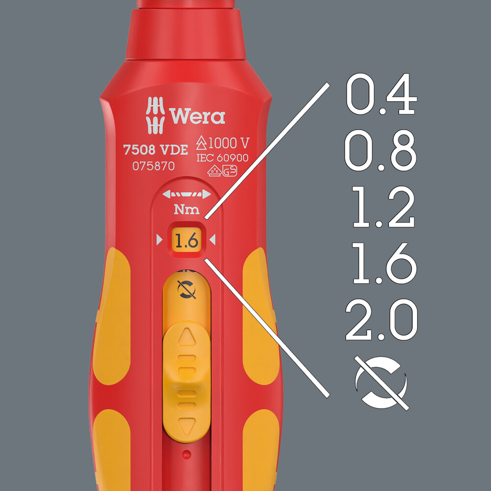 Wkrętak dynamometryczny 7508 VDE Kraftform Safe-Torque Speed 7508, 0,4-2,0 Nm, 9 x 0,4 Nm x 0,8 Nm x 1,2 Nm x 1,6 Nm x 2,0 Nm x 192 mm 05075870001 WERA - obrazek 4